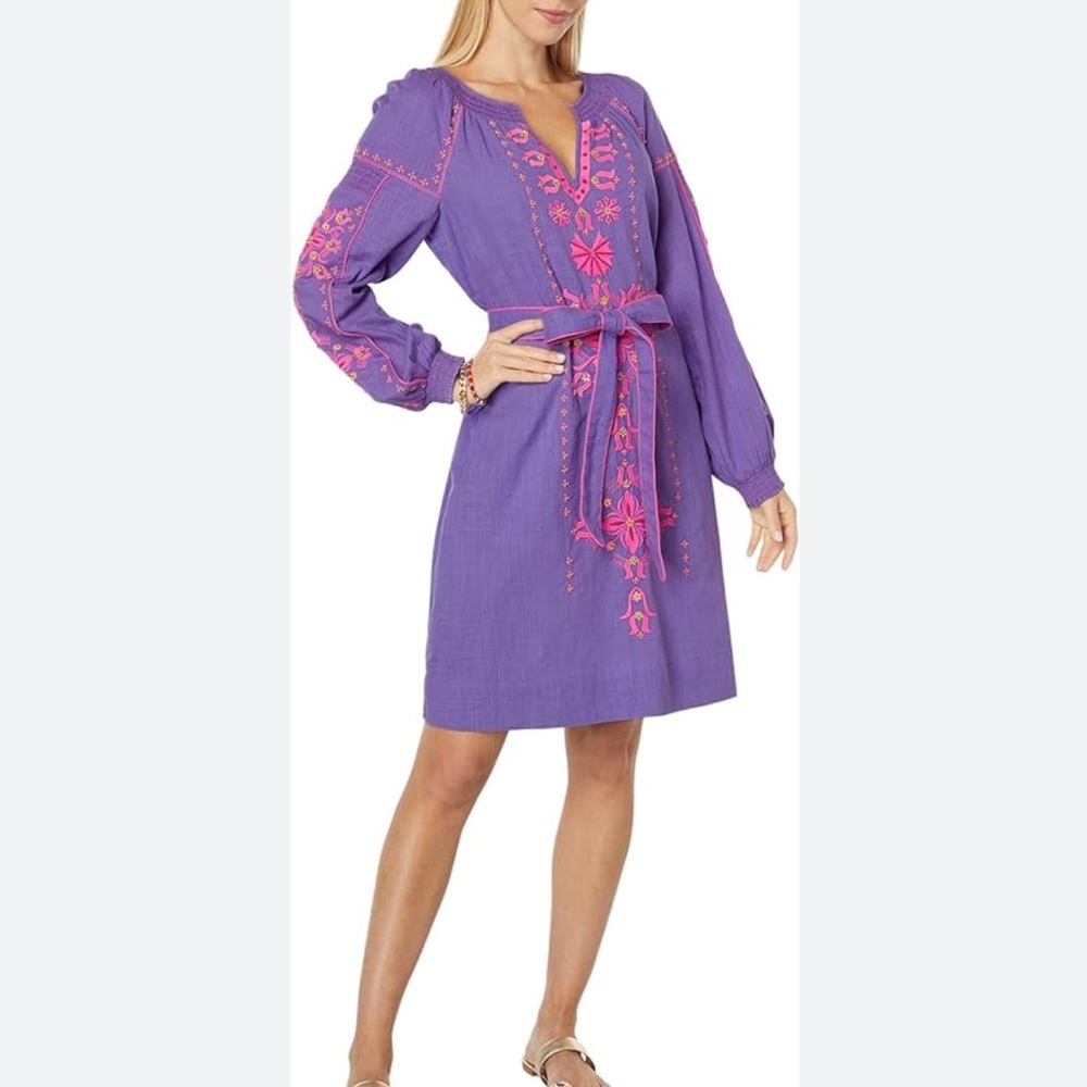 Lilly Pulitzer Cammie Embroider Dress Size 0 Boho Cotton Preppy Mystical Purple